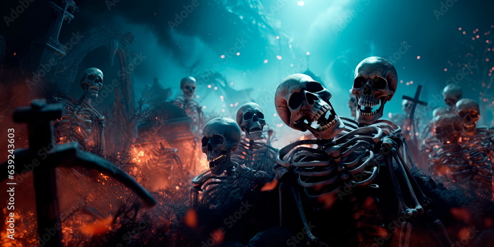 skeletons rising from graves from earth on halloween mystic