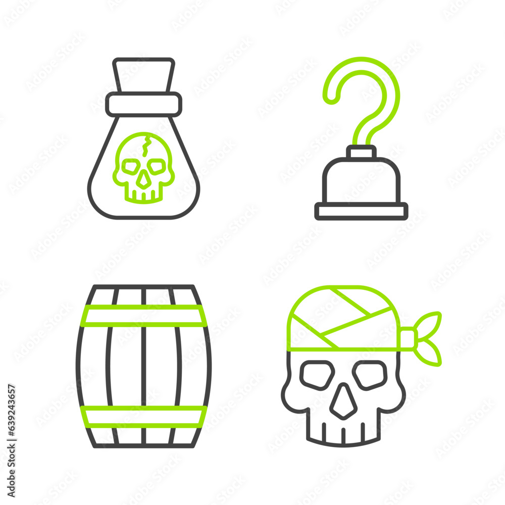 Fototapeta premium Set line Pirate captain, Wooden barrel, hook and coin icon. Vector