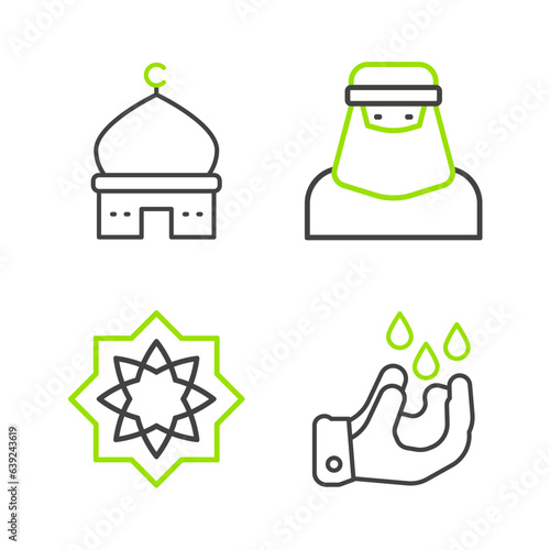 Set line Wudhu, Octagonal star, Muslim woman in niqab and Mosque icon. Vector