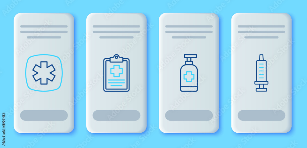 Set line Patient record, Antibacterial soap, Emergency - Star of Life and Syringe icon. Vector