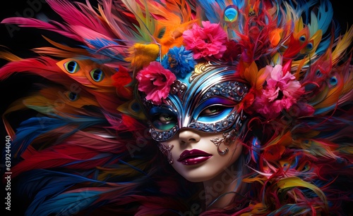 portrait of a woman in a flamboyant costume at the carnival of Venice, Italy, mask, natural flowers, feathers, luxury, Venice copyspace, pink and blue,AI generated