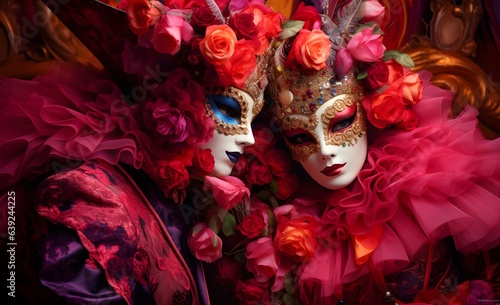 portrait of man and a woman in a flamboyant costumes at the carnival of Venice, Italy, mask, natural flowers, feathers, luxury, Venice copy space, pink and blue, AI generated