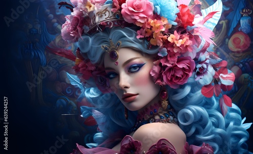 portrait of a woman in a flamboyant costume at the carnival of Venice, Italy, mask, natural flowers, feathers, luxury, Venice copyspace, pink and blue,AI generated