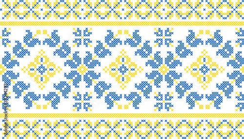 Vector illustration of Ukrainian ornament in ethnic floral style, identity, vyshyvanka, embroidery for print clothes, websites, banners. Background. Geometric design