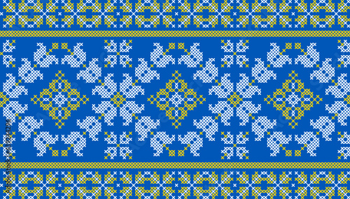 Vector illustration of Ukrainian ornament in ethnic floral style, identity, vyshyvanka, embroidery for print clothes, websites, banners. Background. Geometric design