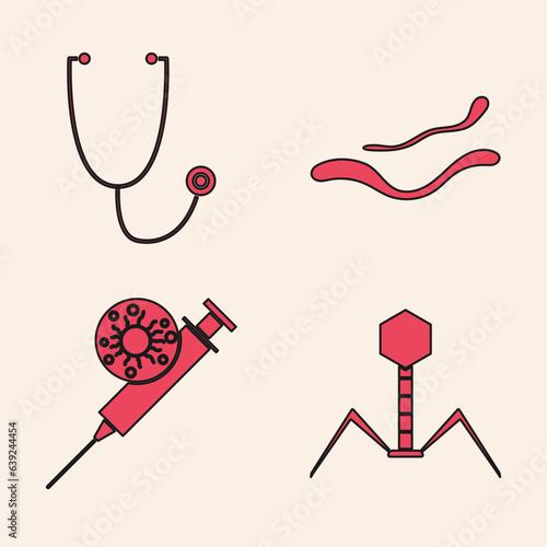 Set Bacteria bacteriophage, Stethoscope, Ebola virus disease and Syringe and virus icon. Vector