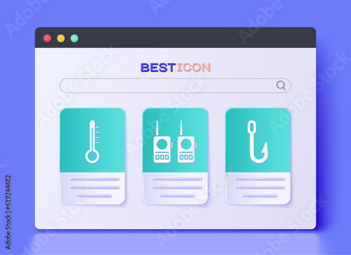 Set Walkie talkie, Meteorology thermometer and Fishing hook icon. Vector