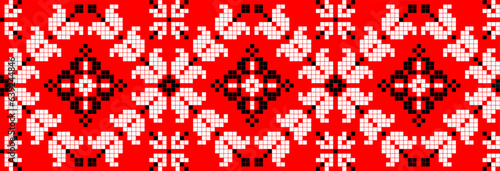 Vector illustration of Ukrainian ornament in ethnic floral style, identity, vyshyvanka, embroidery for print clothes, websites, banners. Background. Geometric design