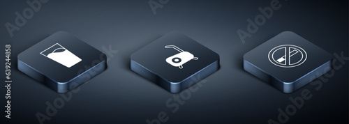 Set Isometric Glass with water, No Smoking and Stationary bicycle icon. Vector