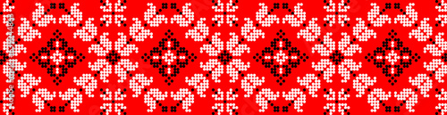 Vector illustration of Ukrainian ornament in ethnic floral style, identity, vyshyvanka, embroidery for print clothes, websites, banners. Background. Geometric design