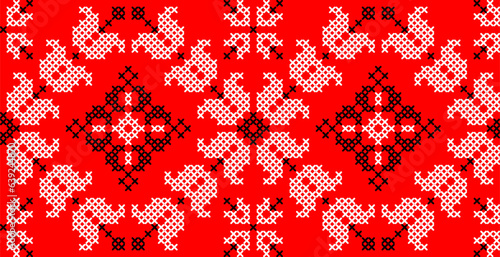 Vector illustration of Ukrainian ornament in ethnic floral style, identity, vyshyvanka, embroidery for print clothes, websites, banners. Background. Geometric design
