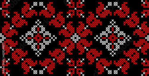 Vector illustration of Ukrainian ornament in ethnic floral style, identity, vyshyvanka, embroidery for print clothes, websites, banners. Background. Geometric design