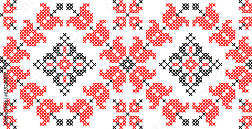 Vector illustration of Ukrainian ornament in ethnic floral style, identity, vyshyvanka, embroidery for print clothes, websites, banners. Background. Geometric design