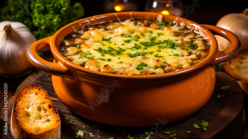A bowl of French onion soup with a rich and flavorful broth