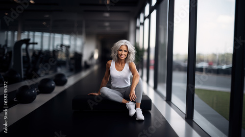 Wide shot of mature fitness woman in white posing in fitness gym , Generative AI illustration © IBEX.Media