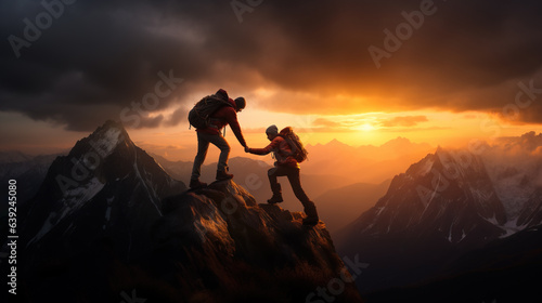 Epic image with hikers helping each other reach the mountain top, Generative AI illustration © IBEX.Media