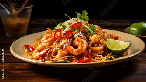 A plate of pad thai with stirfried noodles shrimp chicken and vegetables in a sweet and savory