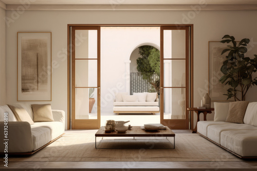 Luxurious living room interior with glass doors. © JuanM