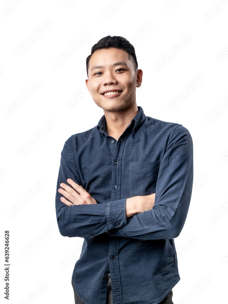 A portrait of an Asian man wearing a blue shirt, looking happy and confidently posing with folded hands. Isolated with a white background. A portrait of an Asian man wearing a blue shirt, looking happy and confidently posing with folded hands. Isolated with a white background.