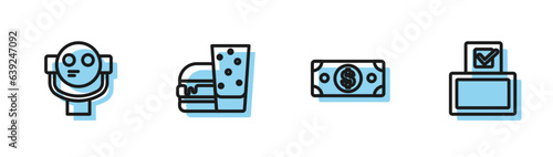 Set line Stacks paper money cash, Tourist binoculars, Burger and Vote box icon. Vector