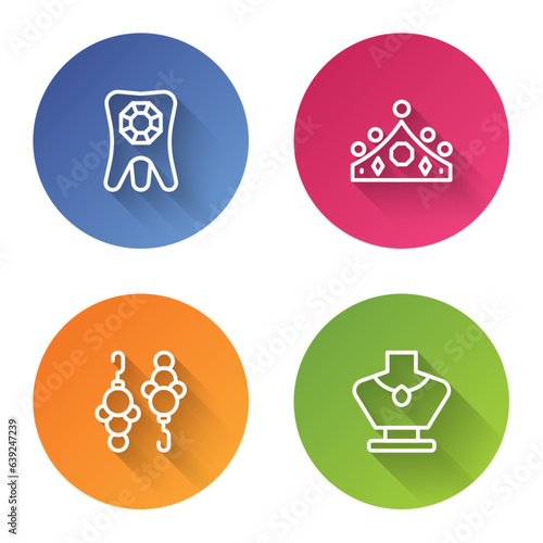 Set line Tooth with diamond, King crown, Earrings and Necklace mannequin. Color circle button. Vector