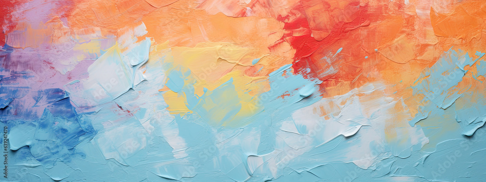 hermoso fondo moderno de pintura abstracta en colores, rojo, naranja, amarillo , turquesa, azul y blanco, con textura rugosa - obrazy, fototapety, plakaty 