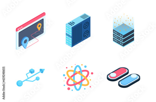 Digital infrastructure element isometric icons set.