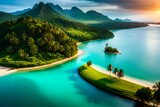 a lost island, surrounded with beautiful ancient arora, coconut trees,  tress, there's a river,bluish clear water, heavenly beauty