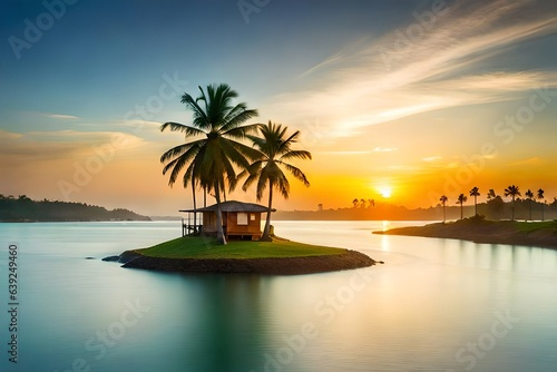 a lost island, surrounded with beautiful ancient arora, coconut trees, tress, there's a river,bluish clear water, heavenly beauty