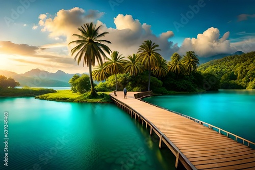 a lost island, surrounded with beautiful ancient arora, coconut trees,  tress, there's a river,bluish clear water, heavenly beauty © zar