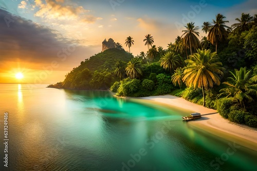 a lost island  surrounded with beautiful ancient arora  coconut trees   tress  there s a river bluish clear water  heavenly beauty