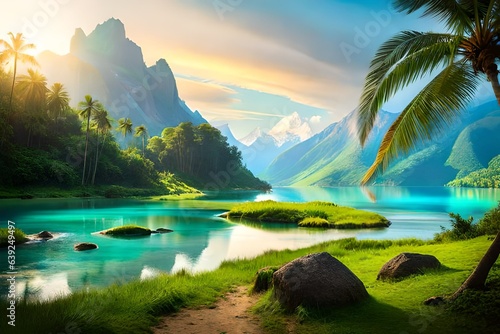 a lost island, surrounded with beautiful ancient arora, coconut trees, tress, there's a river,bluish clear water, heavenly beauty