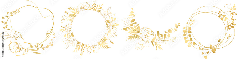 Linear vector gold monograms and floral border, Design for invitations. Gold frame. Botanical line art silhouette golden leaves. Vector Gold floral. Place for your text. Floral frame set Linear vector gold monograms and floral border, Design for invitations. Gold frame. Botanical line art silhouette golden leaves. Vector Gold floral. Place for your text. Floral frame set