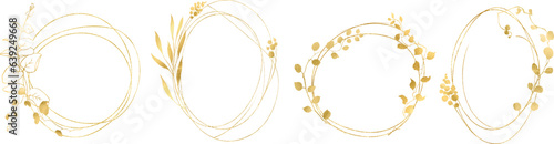 Linear vector gold monograms and floral border, Design for invitations. Gold frame. Botanical line art silhouette golden leaves. Vector Gold floral. Place for your text. Floral frame set