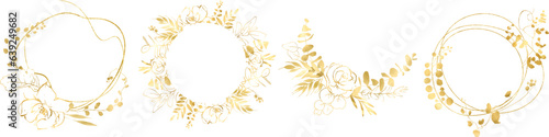 Linear vector gold monograms and floral border, Design for invitations. Gold frame. Botanical line art silhouette golden leaves. Vector Gold floral. Place for your text. Floral frame set