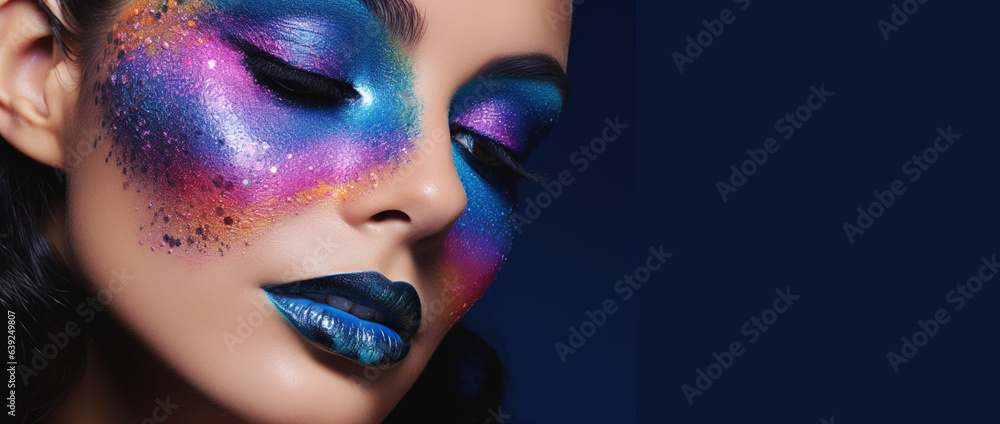 Model with unique colorful makeup inspired by the cosmic palette, focusing on the eyes. Background of deep blue. Banner. Generative Ai content.