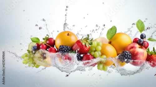 fresh fruits with splash on light pink yellow background, ai generated