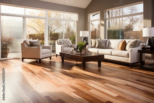 Sunlit enhances genuine hardwood court ambiance. Generative AI