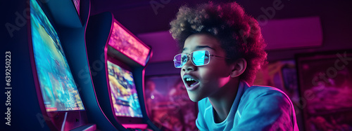 Focused  boy plays retro arcade game