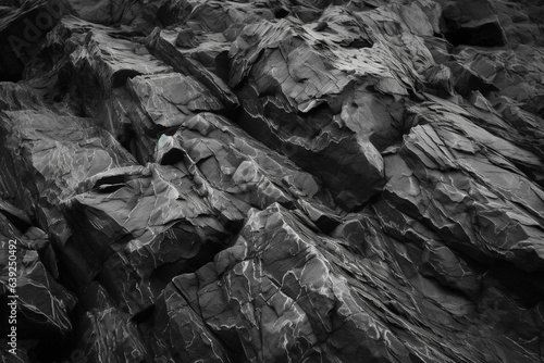 Black-white rock texture. Dark grey stone granite background for design. Rough cracked mountain surface. Close-up. Crumbled.
