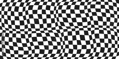 Racing checkerboard flag. Curly black and white chess flag, sporty, wavy, bulging, seamless. Big size. Vector. Pattern.