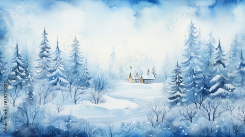 watercolor blue landscape of foggy forest and house © Ирина Рычко