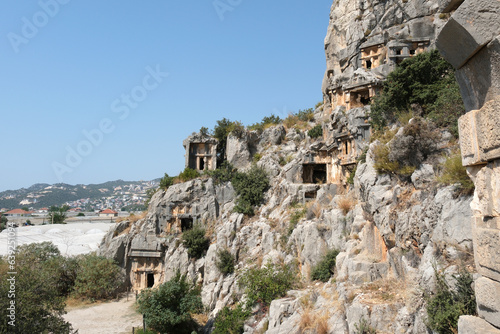 Myra rock cut tombs. Lycian carved stone tombs. Ruins of Myra Ancient Site in Demre, Antalya, Türkiye.