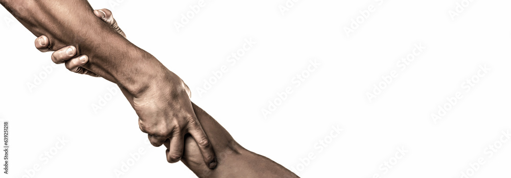 Two hands, helping arm of a friend, teamwork. Helping hand outstretched, isolated arm, salvation - obrazy, fototapety, plakaty 
