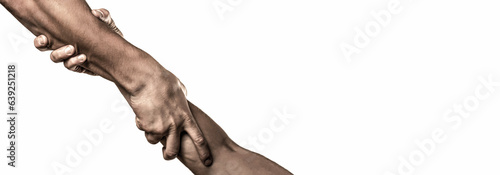 Two hands, helping arm of a friend, teamwork. Helping hand outstretched, isolated arm, salvation