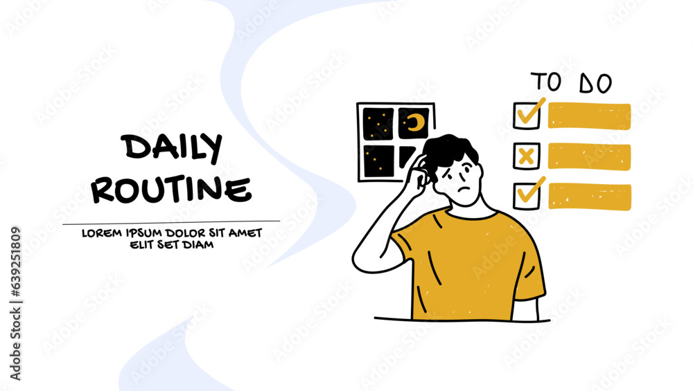 Vector of a thoughtful man reviews his daily routine, things to do list Vector of a thoughtful man reviews his daily routine, things to do list