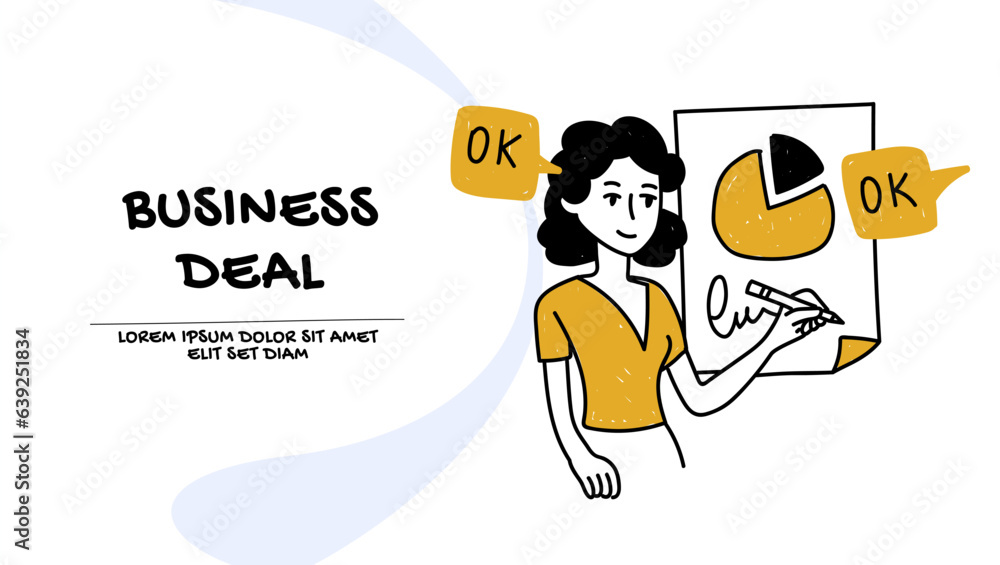 vector of a young business woman signing a contract on a new business deal