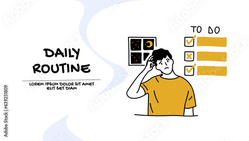 Vector of a thoughtful man reviews his daily routine, things to do list © Feodora