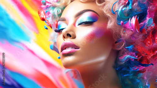  Fashion model face with fantasy art make-up. Youth trend - unusual bright combinations, lines on the face. Design of new modern femininity, creativity symbol. Banner. Generative Ai content.