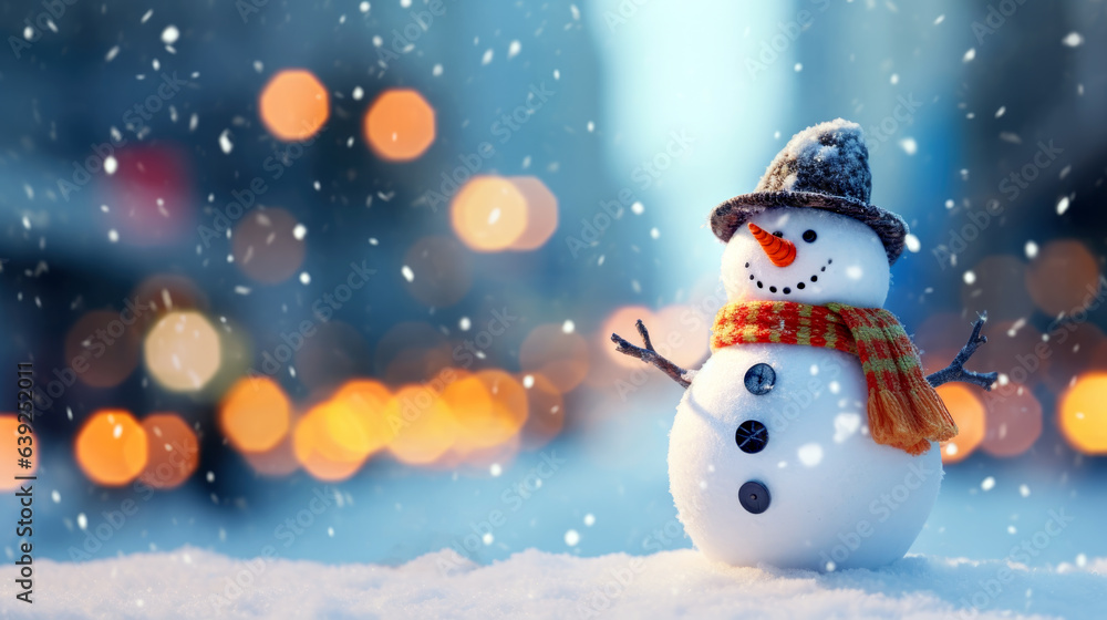 happy snowman in winter on holiday christmas background